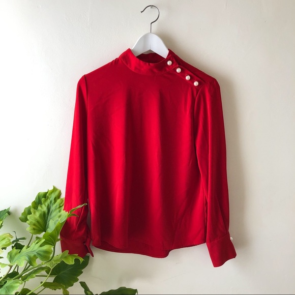 Zara Tops - Zara Red Long Sleeve Top with Pearl Buttons